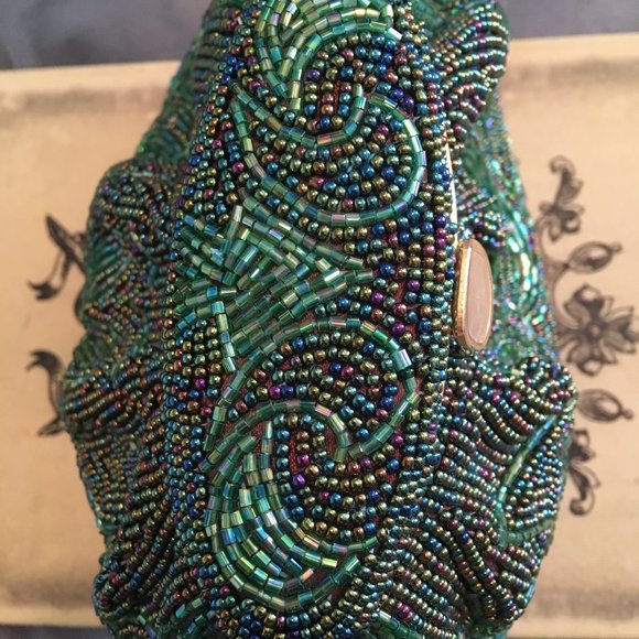 VINTAGE Green Beaded Mini Bag Shoulder Crossbody Clutch Convertible - Picture 6 of 16